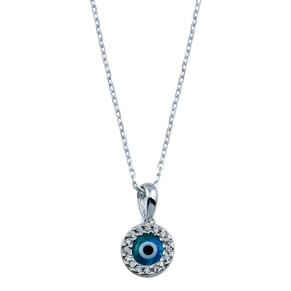 Sterling Silver 925 Rhodium Plated Round Evil Eye Necklace Halo CZ Pendant
