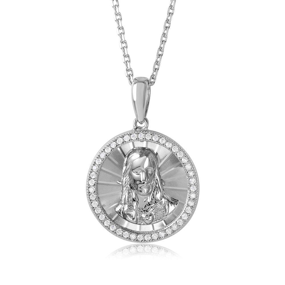 Sterling Silver 925 Rhodium Plated Diamond Cut CZ Jesus Medallion Halo New Chain