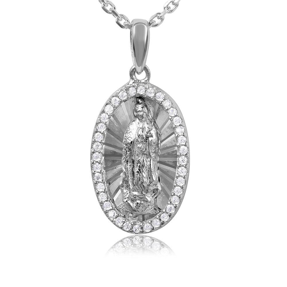 Sterling Silver 925 Rhodium Plated Oval CZ Frame Medallion Catholic Christ Chain