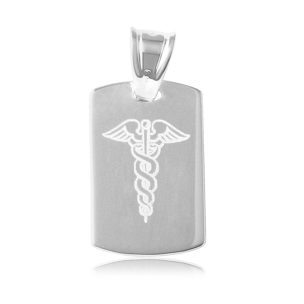 Sterling Silver 925 Dogtag Caduceus Engravable Charm Medical Sign Flat Pendant