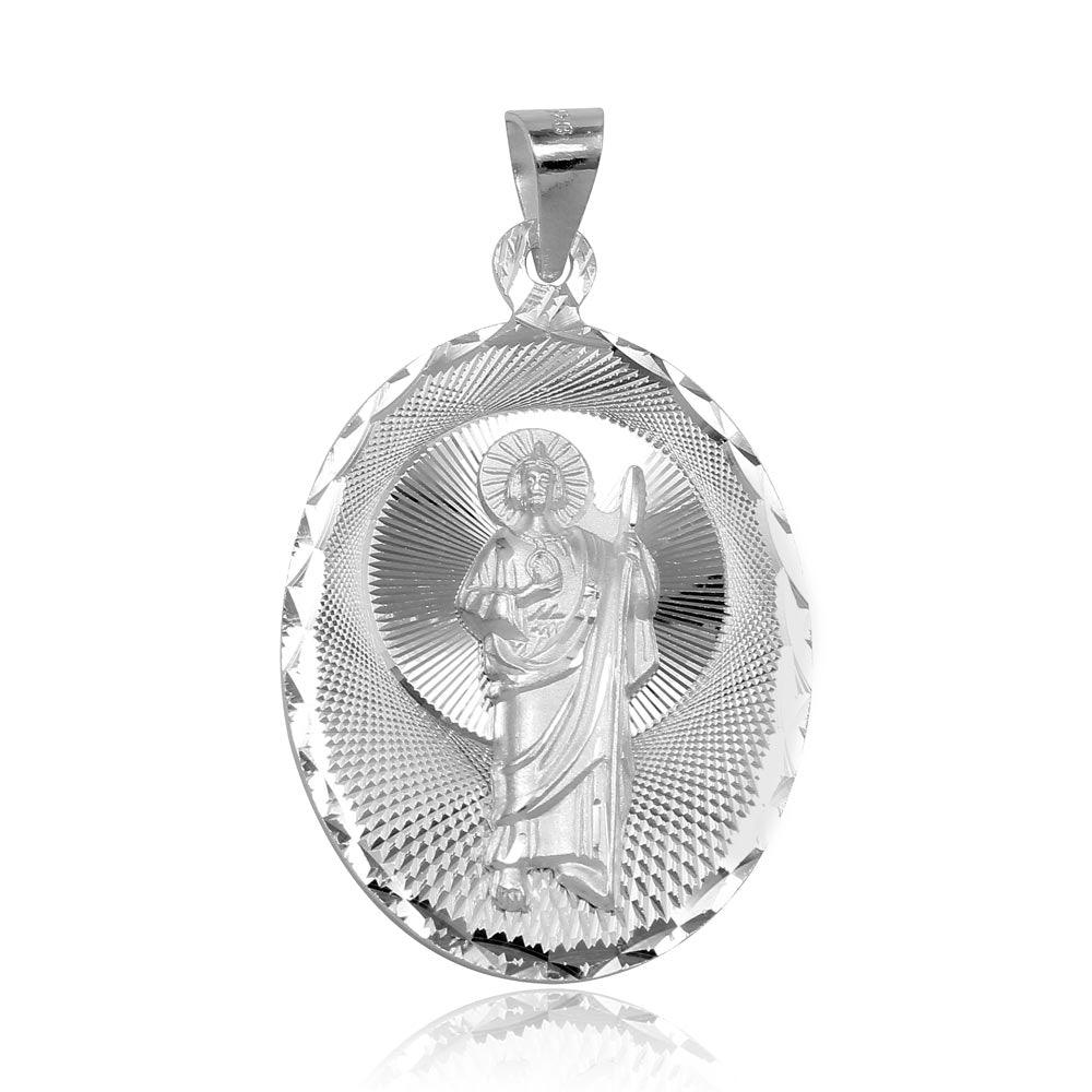 High Polished 925 Sterling Silver St. Jude Oval Medallion Saint Catholic Pendant