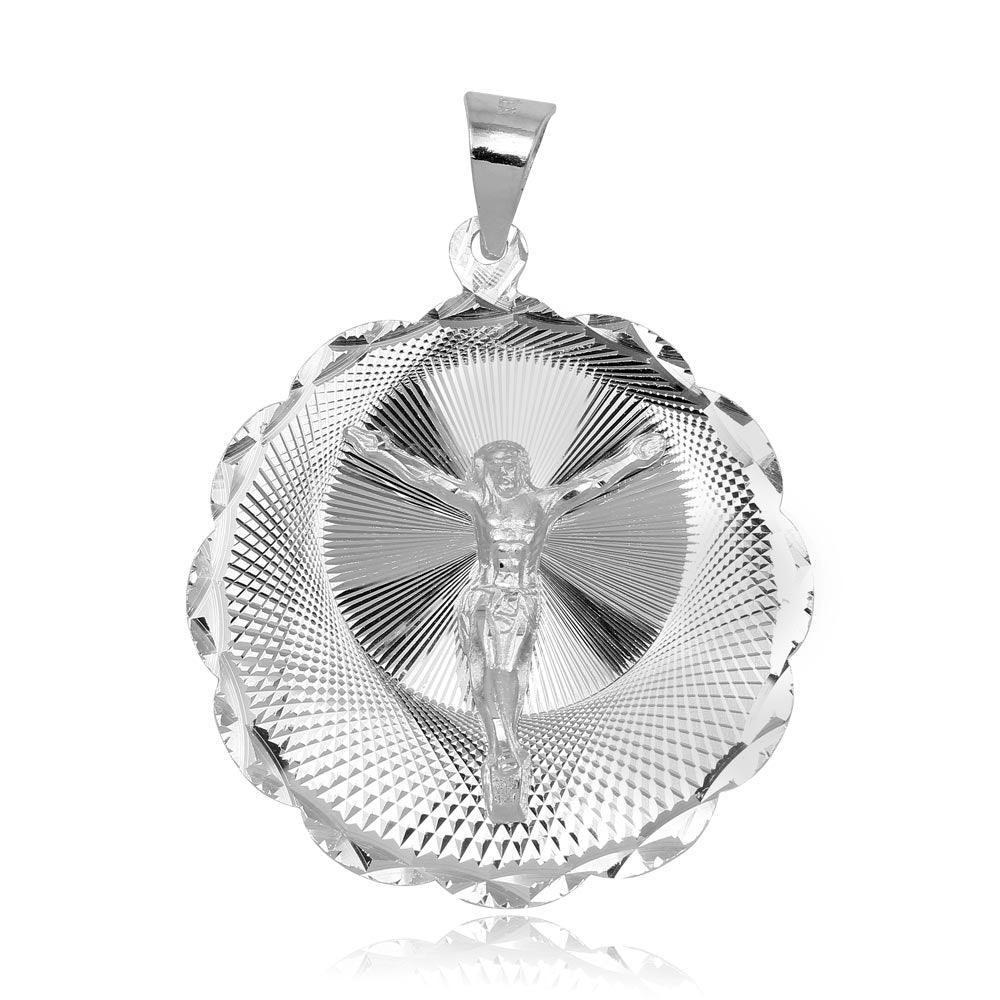 Solid 925 Sterling Silver Wavy Round Crucifix Flat Medallion Jesus Pendant