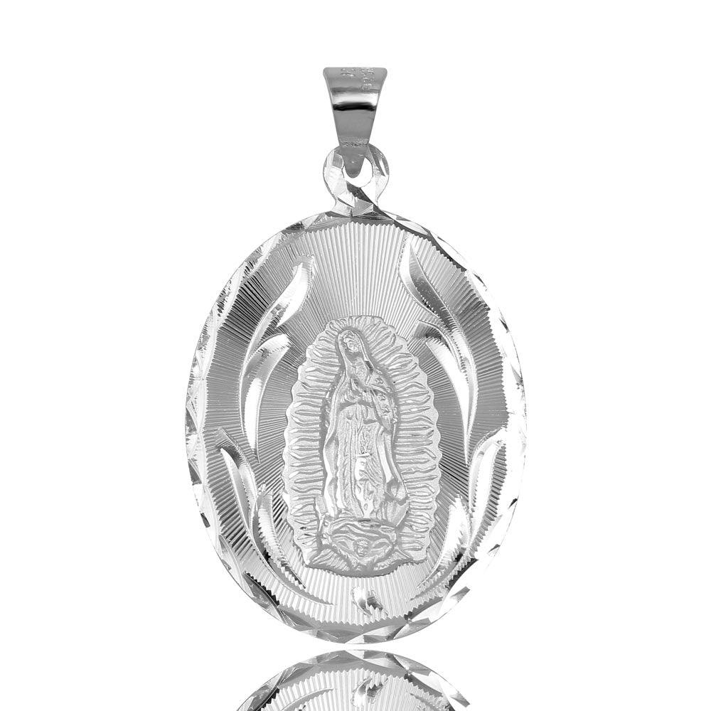 High Polished 925 Sterling Silver DC Oval Lady of Guadalupe Medallion Pendant