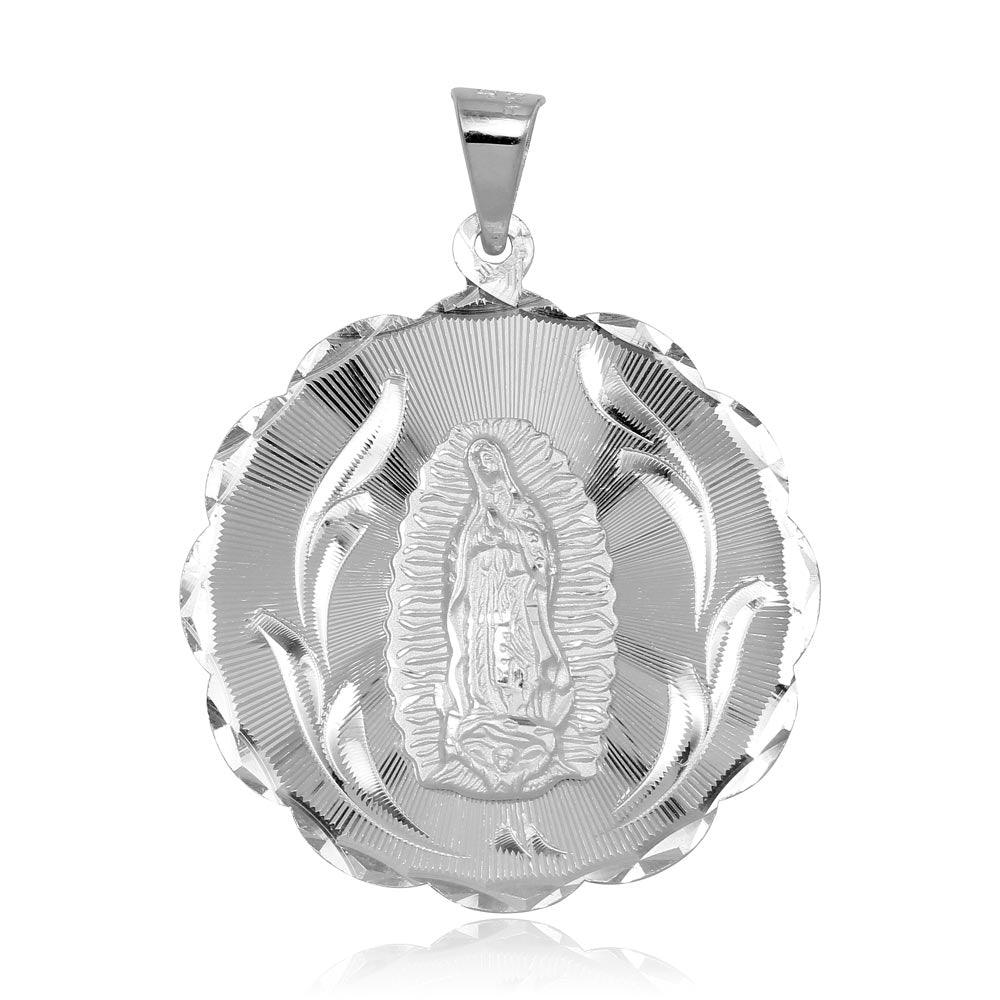 High Polished 925 Sterling Silver Round Lady of Guadalupe Medallion Pendant