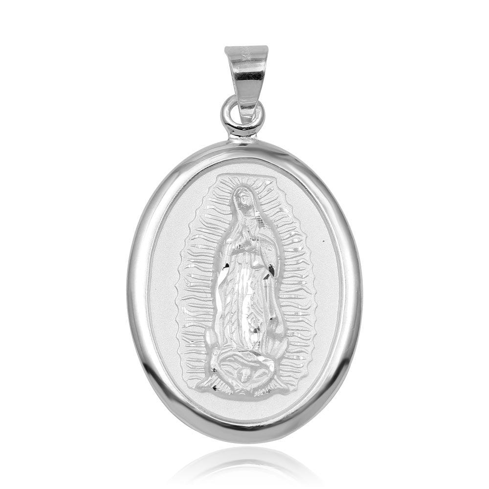 High Polished 925 Sterling Silver Oval Lady of Guadalupe Medallion Saint Pendant