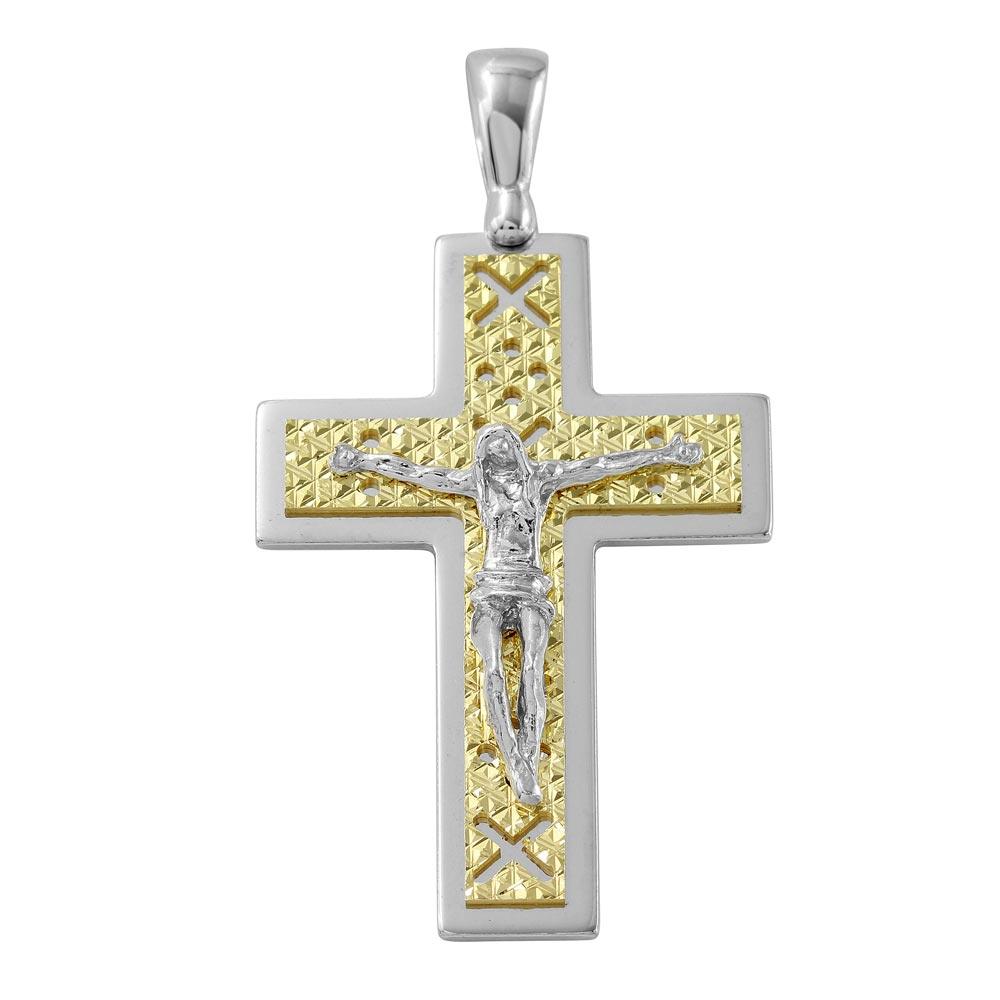 Two-Tone 925 Sterling Silver 14k Gold Plated Crucifix Pendant Christian Cross