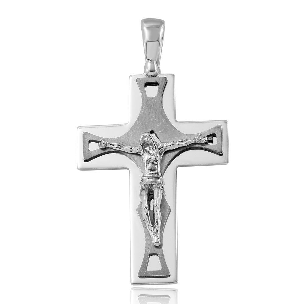 Matte Black Rhodium Plated 925 Sterling Silver Christian Cross Crucifix Pendant