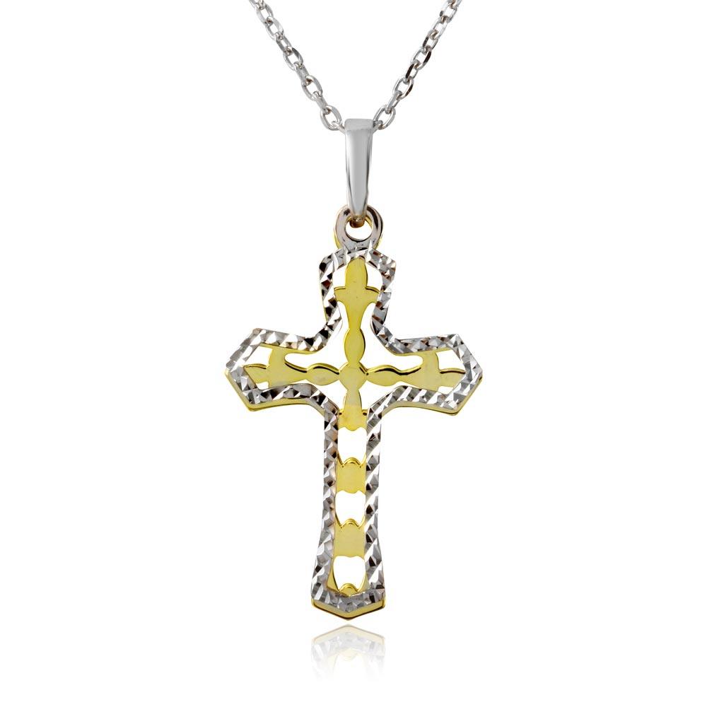 14k Gold and Rhodium Plated 925 Sterling Silver Double Cross Pendant Necklace