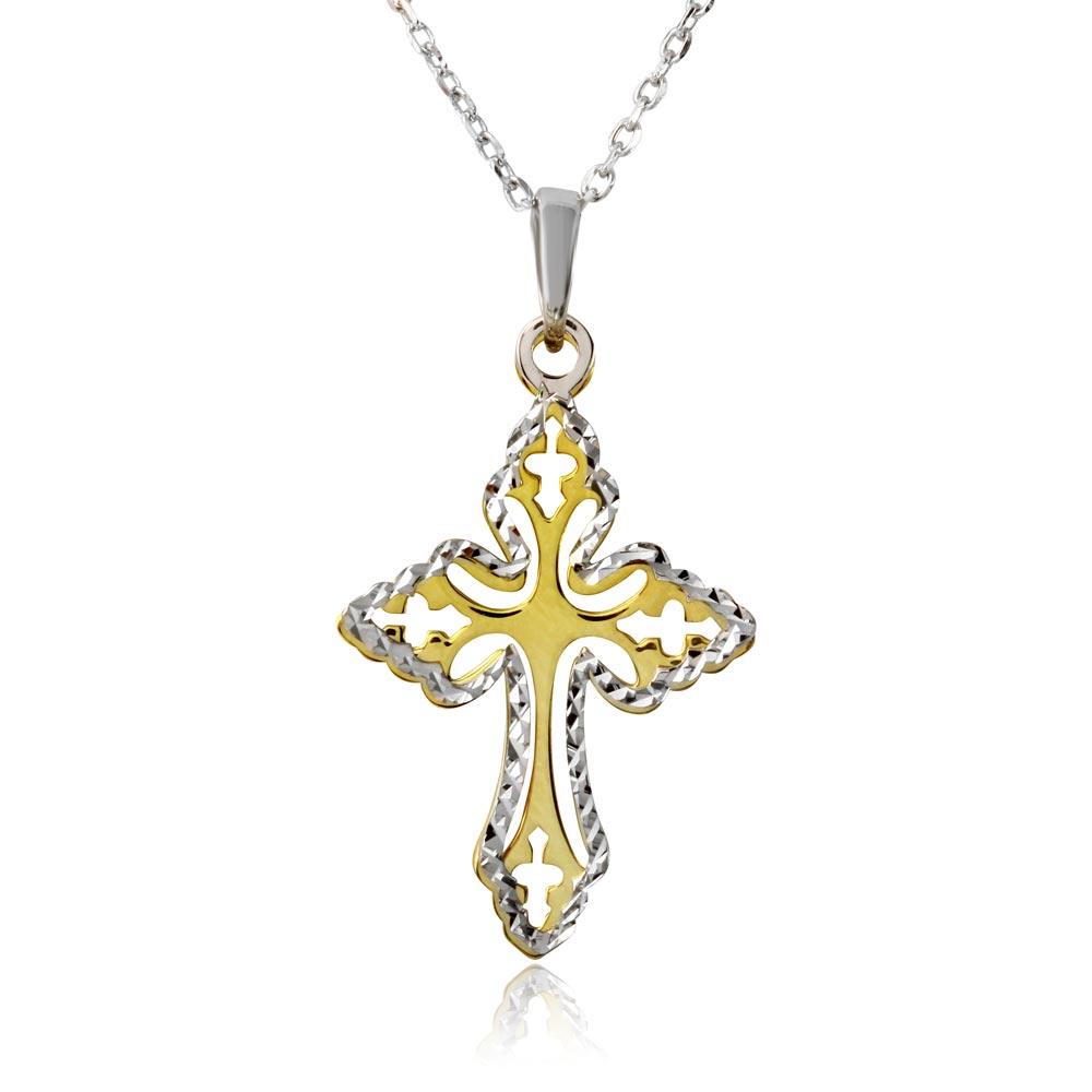 14k Gold Plated 925 Sterling Silver Double Cross Christian Love Pendant Necklace