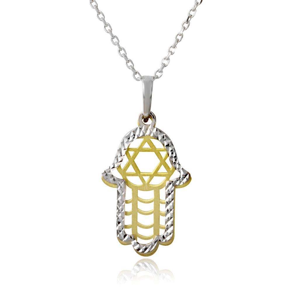 Gold and Rhodium Plated 925 Sterling Silver Hamsa Star of David Pendant Necklace