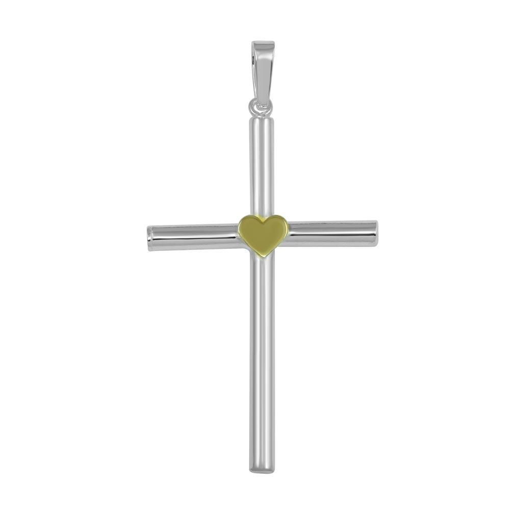High Polished 925 Sterling Silver Large Cross Pendant with Gold Plated Heart