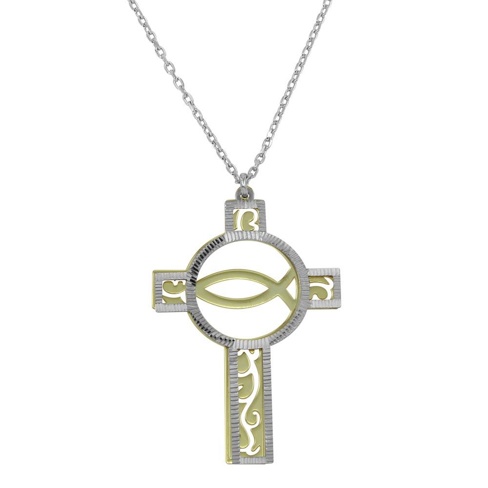Two-Tone Gold Plated 925 Sterling Silver Fish Ithacus Cross Pendant Necklace