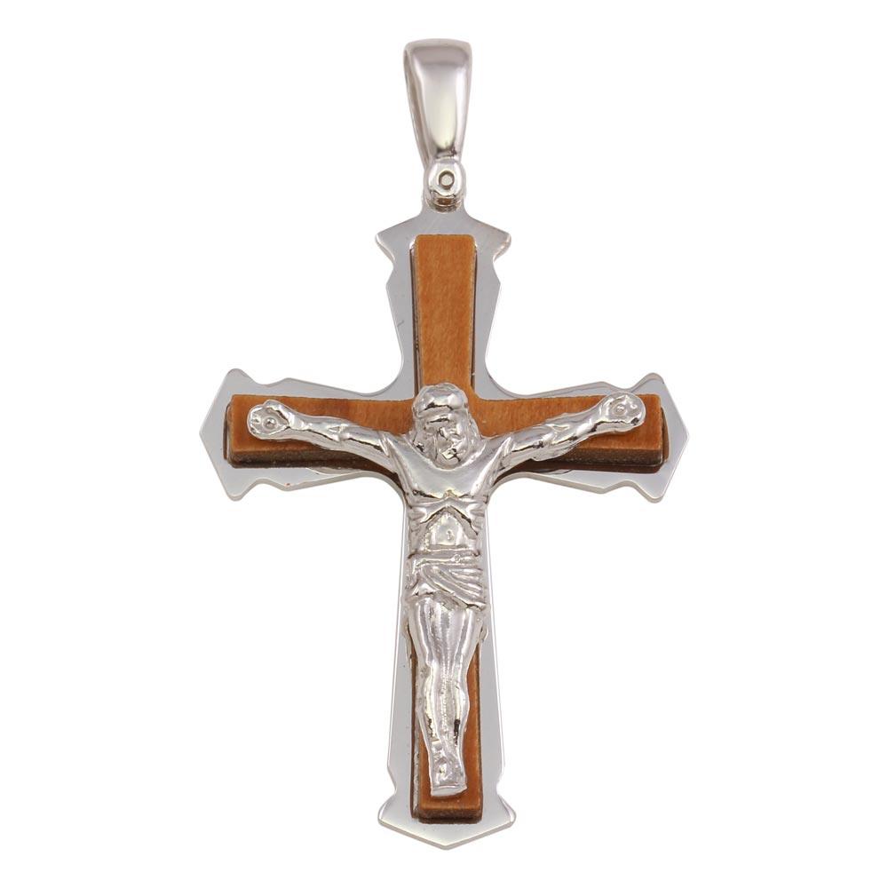 Two-Toned 925 Sterling Silver Medium Wood Crucifix Cross Christian Pendant