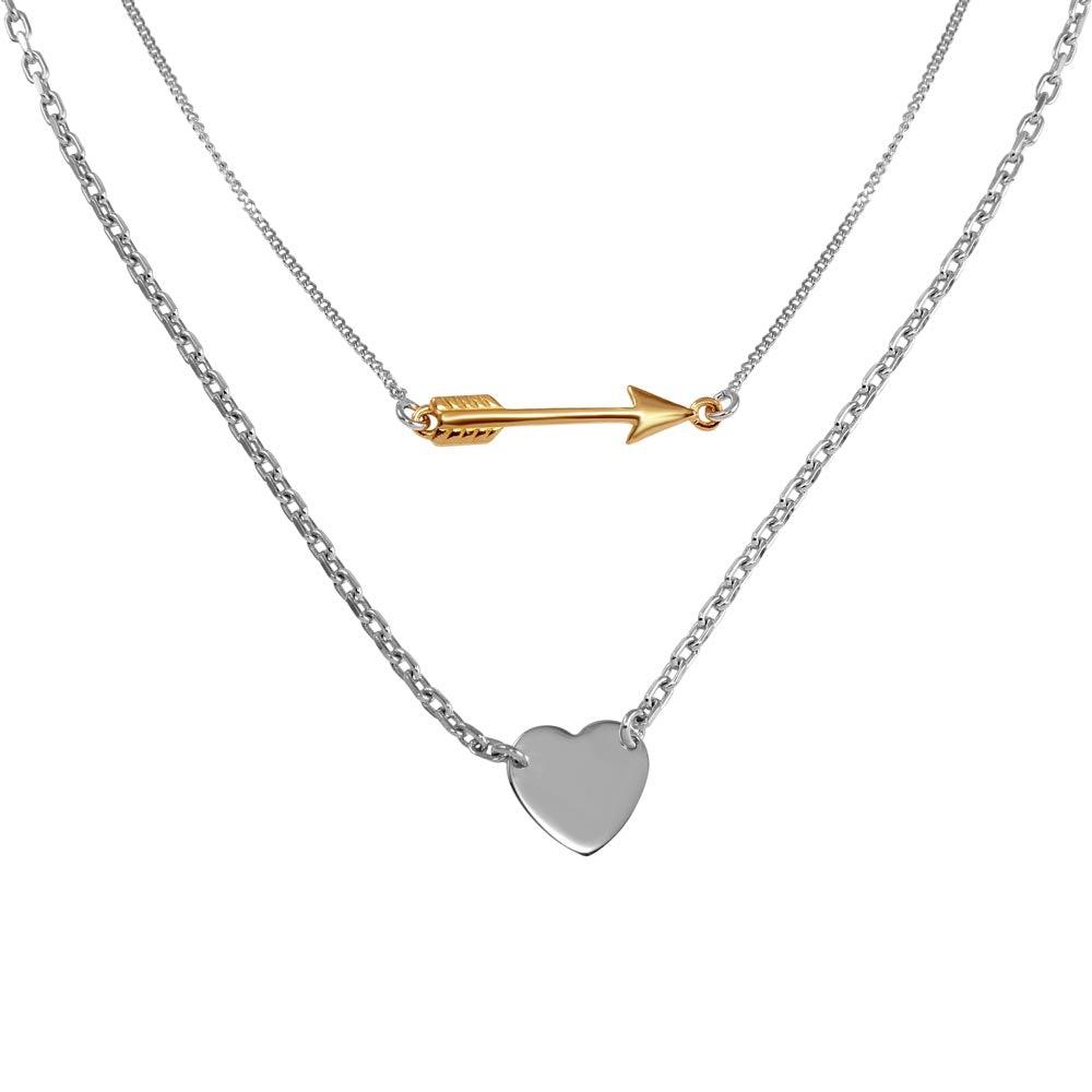 Rhodium Plated 925 Sterling Silver Double Link Arrow Heart Pendant Necklace