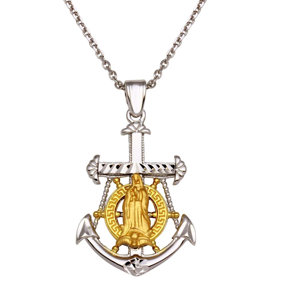 Gold-Tone 925 Sterling Silver Virgin Mary Anchor Nautical Cross Pendant Necklace