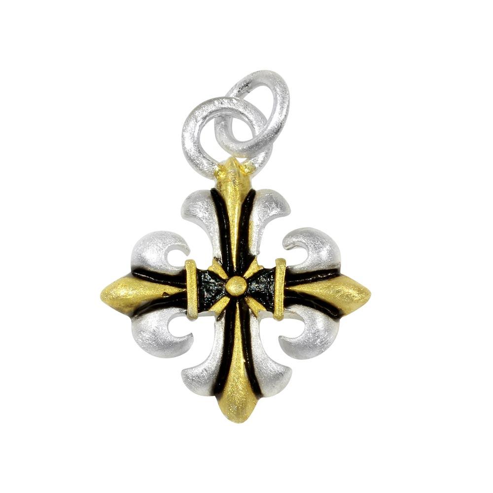 Two-Tone 925 Sterling Silver Matte Finish Fleur De Lis Cross Fleury Pendant