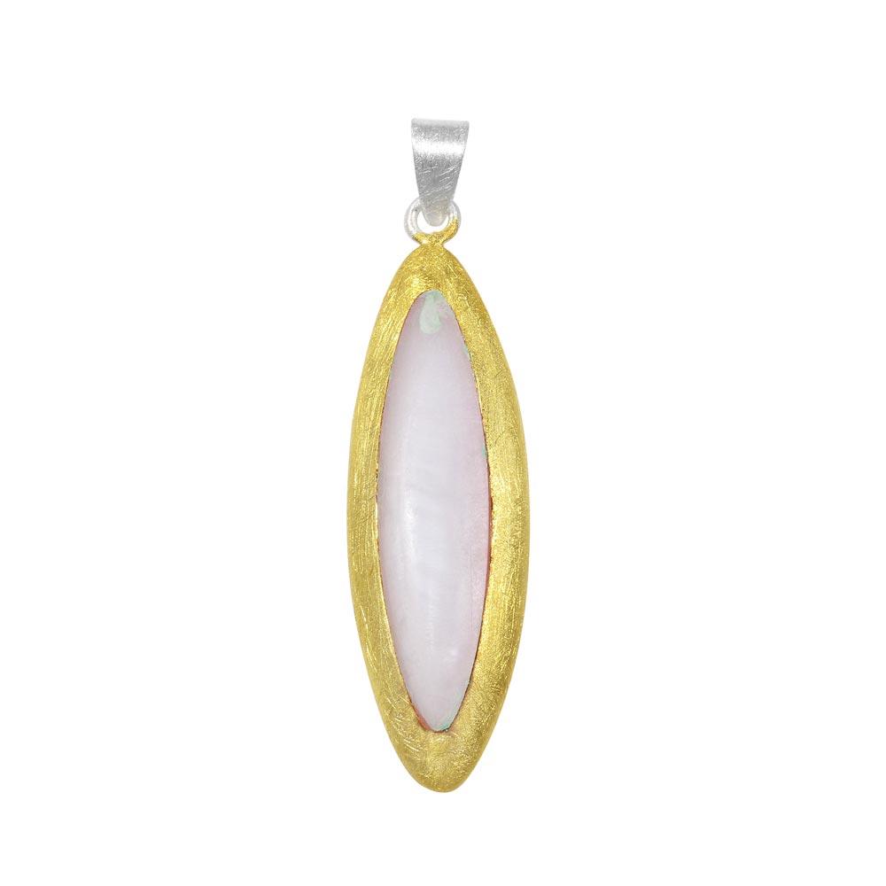Gold Plated 925 Sterling Silver Matte Finish Eye Oval Simulated Pearl Pendant