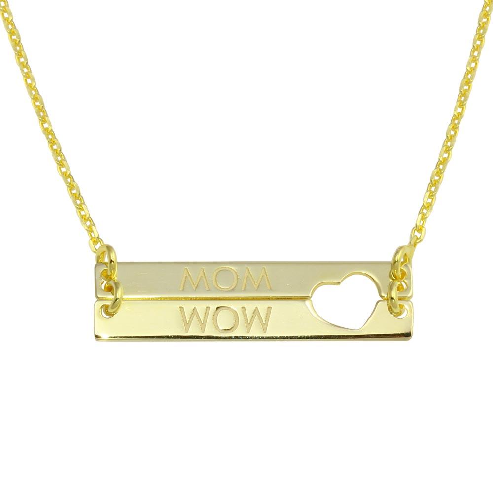 Gold Plated 925 Sterling Silver Bar Open Heart MOM WOW Mother Wife Word Necklace