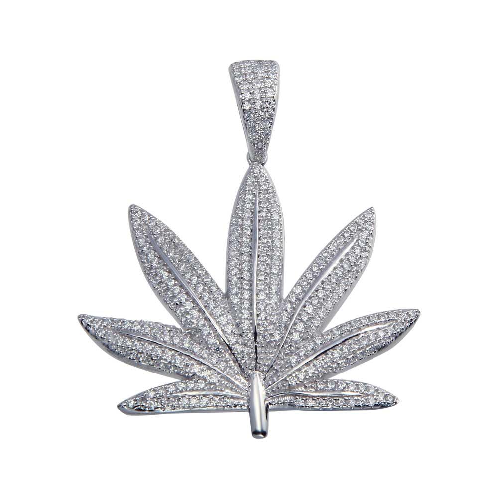 Rhodium Plated 925 Sterling Silver CZ Marijuana Leaf Hip Hop Pot Weed Pendant