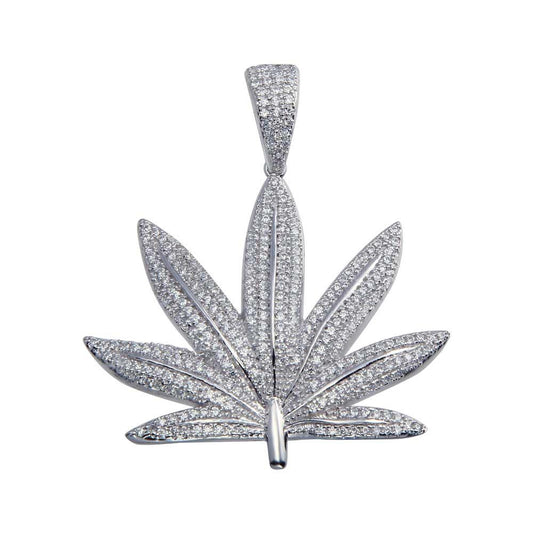 Rhodium Plated 925 Sterling Silver CZ Marijuana Leaf Hip Hop Pot Weed Pendant