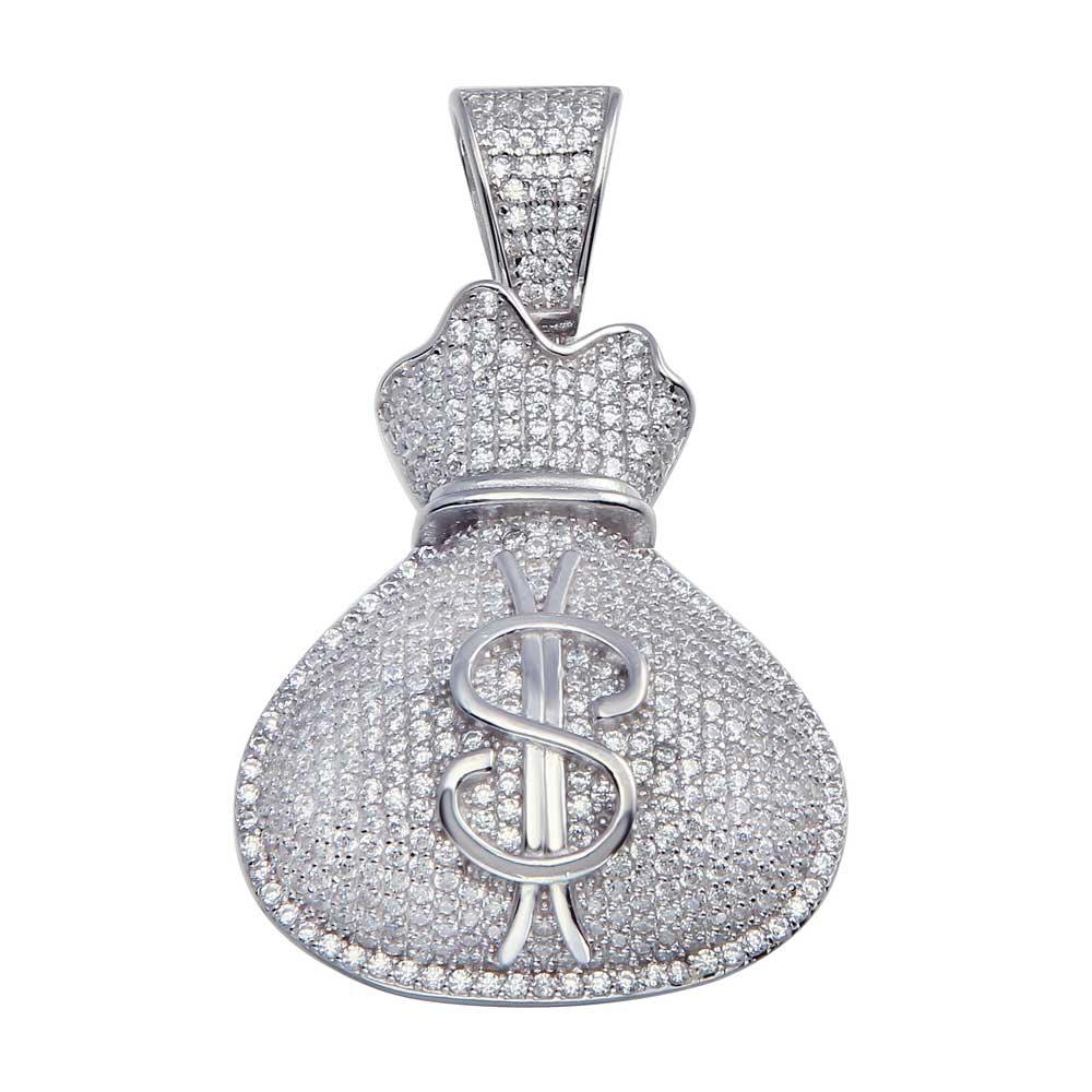 Rhodium Plated 925 Sterling Silver CZ Money Bag Hip Hop Cash $ Sack Rich Pendant