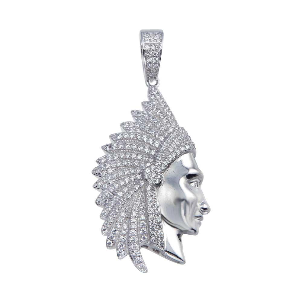 Rhodium Plated 925 Sterling Silver CZ Native American Chief Hip Hop Pendant