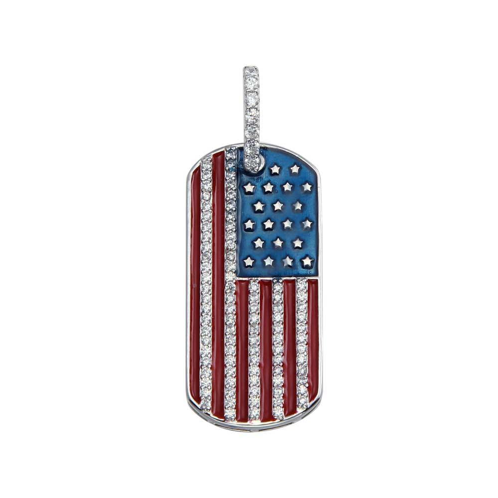 Rhodium Plated 925 Sterling Silver CZ American USA Flag Dog Tag Hip Hop Pendant