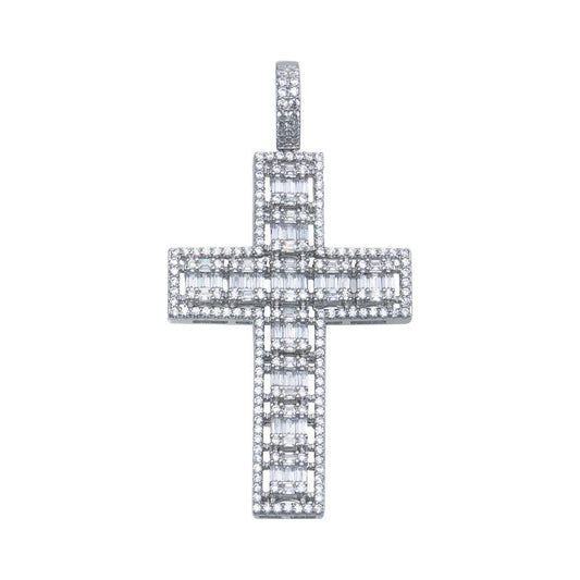 Rhodium Plated 925 Sterling Silver CZ Baguette Cross Hip Hop Christian Pendant