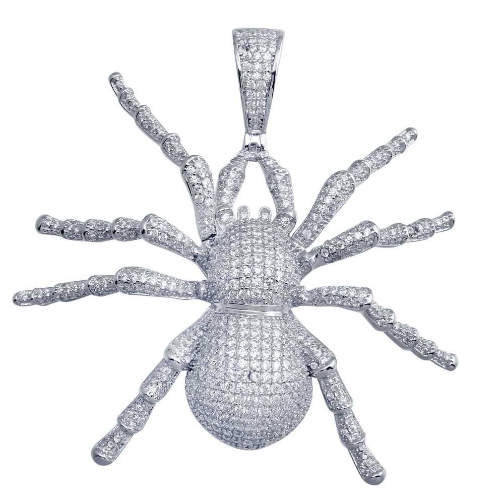 Rhodium Plated 925 Sterling Silver CZ Spider Hip Hop Pendant Large Animal Charm