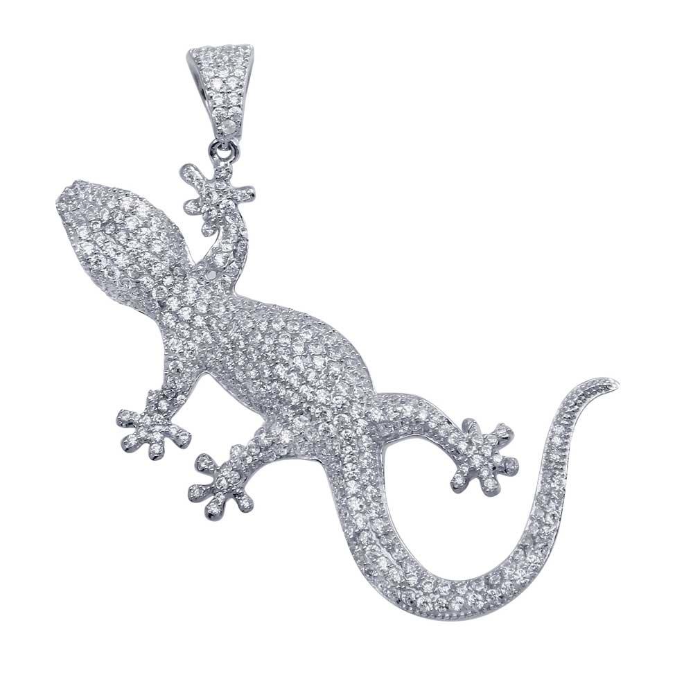 Rhodium Plated 925 Sterling Silver CZ Lizard Hip Hop Pendant Animal Gecko Charm