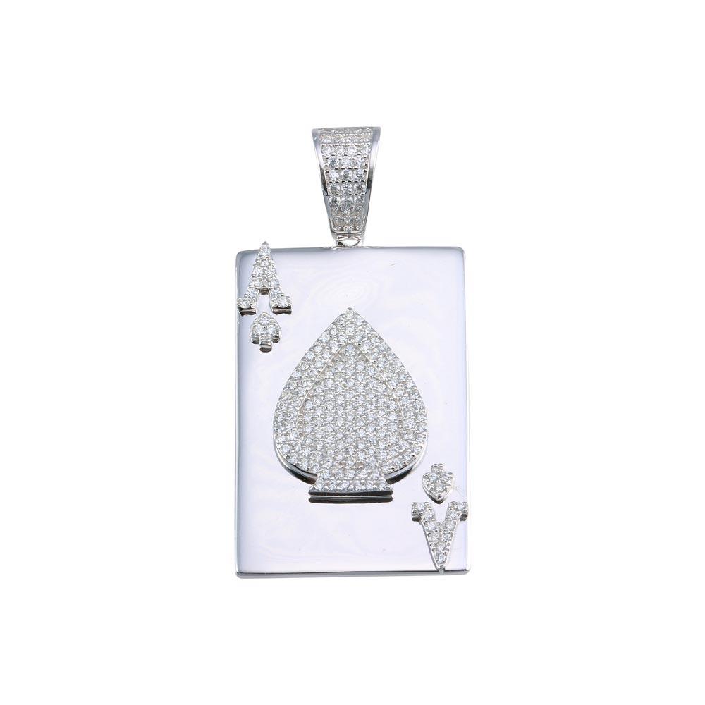 Rhodium Plated 925 Sterling Silver Ace of Spades Card Hip Hop Poker Pendant