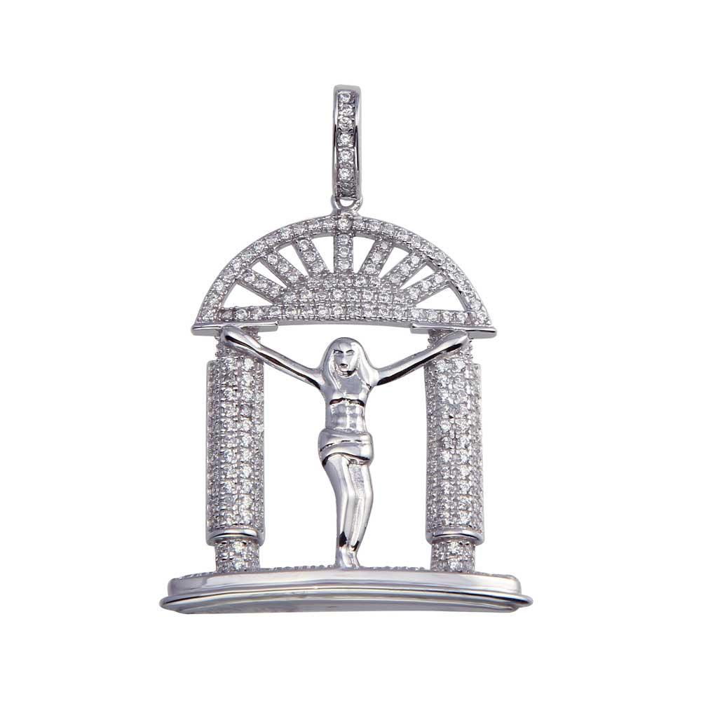 Rhodium Plated 925 Sterling Silver CZ Crucifix Hip Hop Samson Bible Pendant