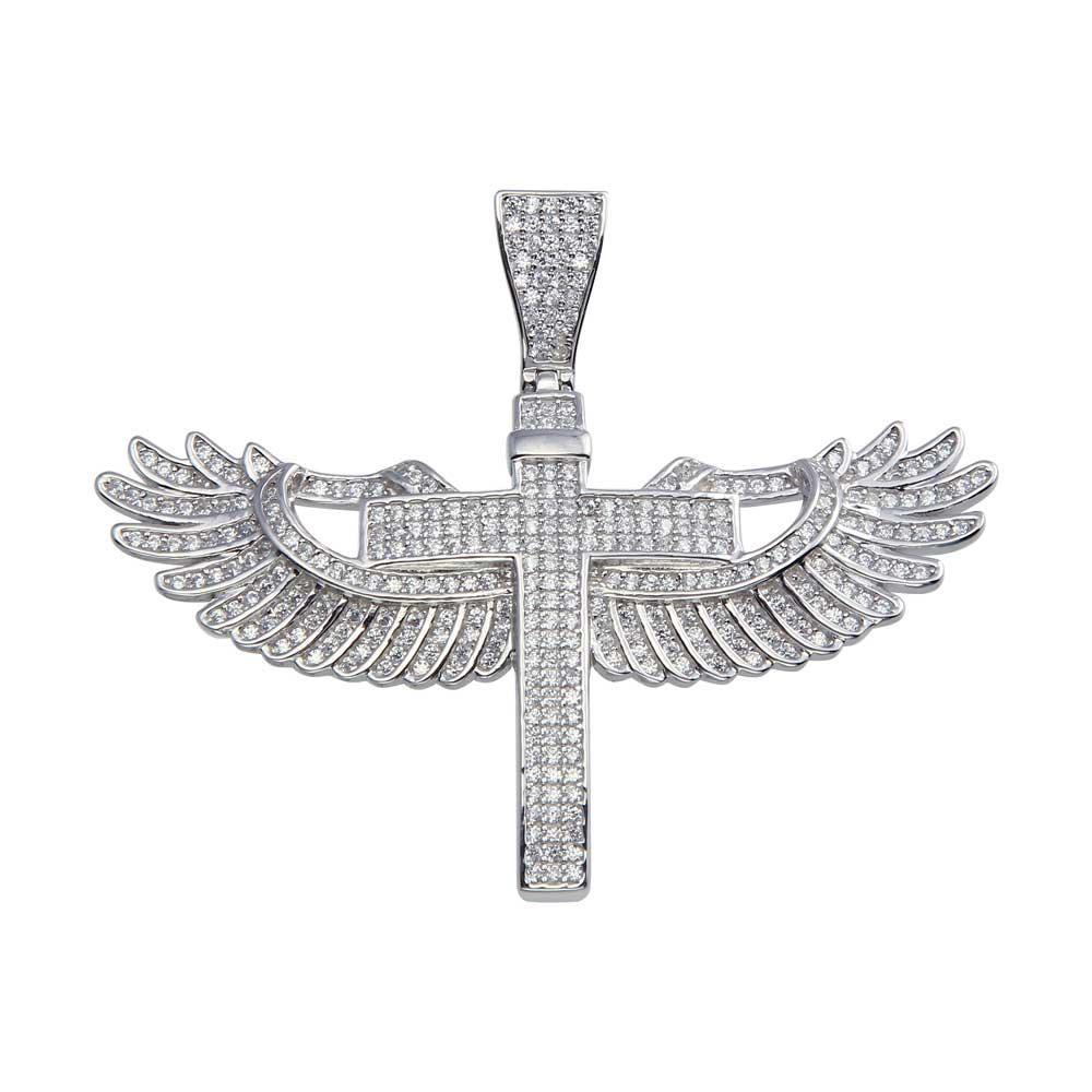 Rhodium Plated 925 Sterling Silver CZ Angel Wing Cross Hip Hop Jesus Pendant