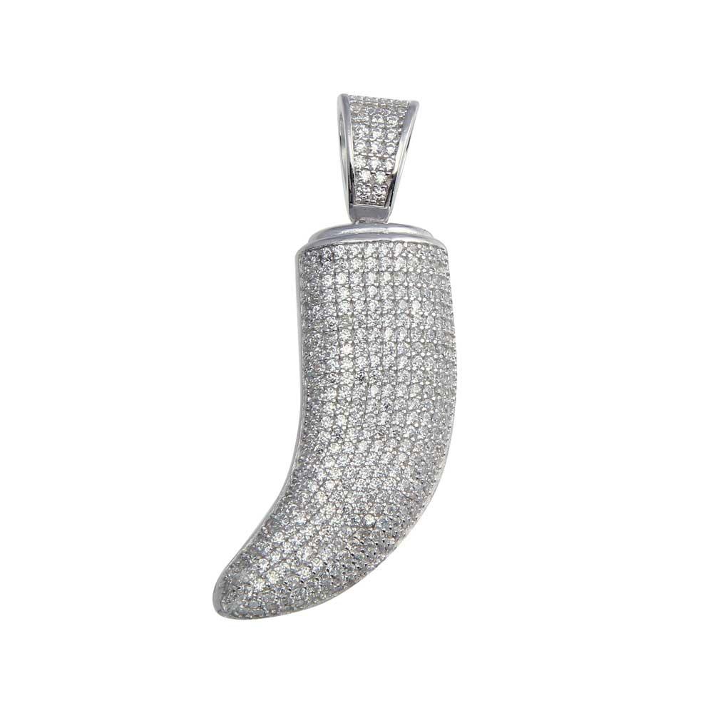 Rhodium Plated 925 Sterling Silver CZ Tiger Tooth Hip Hop Italian Horn Pendant