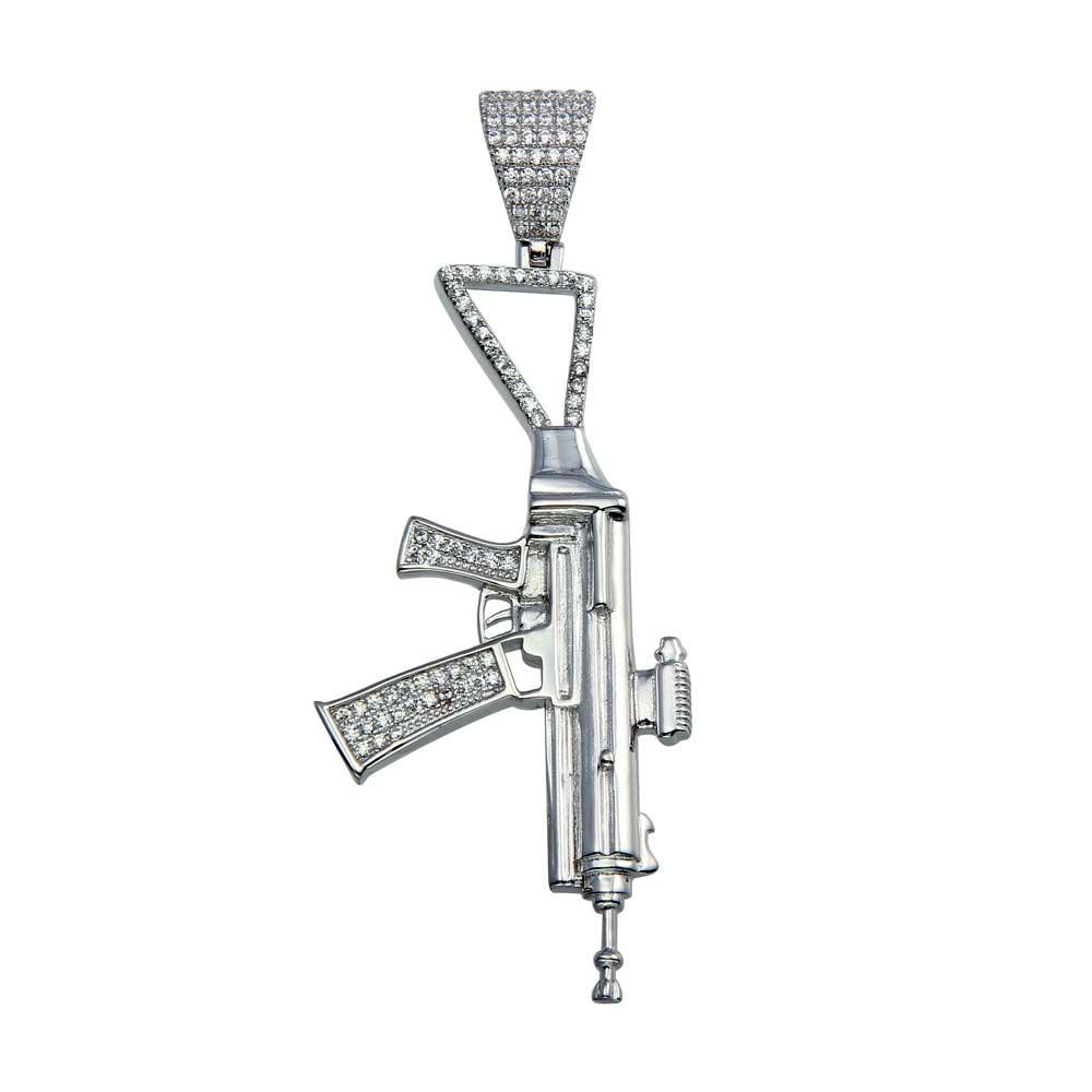 Rhodium Plated 925 Sterling Silver CZ Gun AK Men's Hip Hop Iced Out Pendant