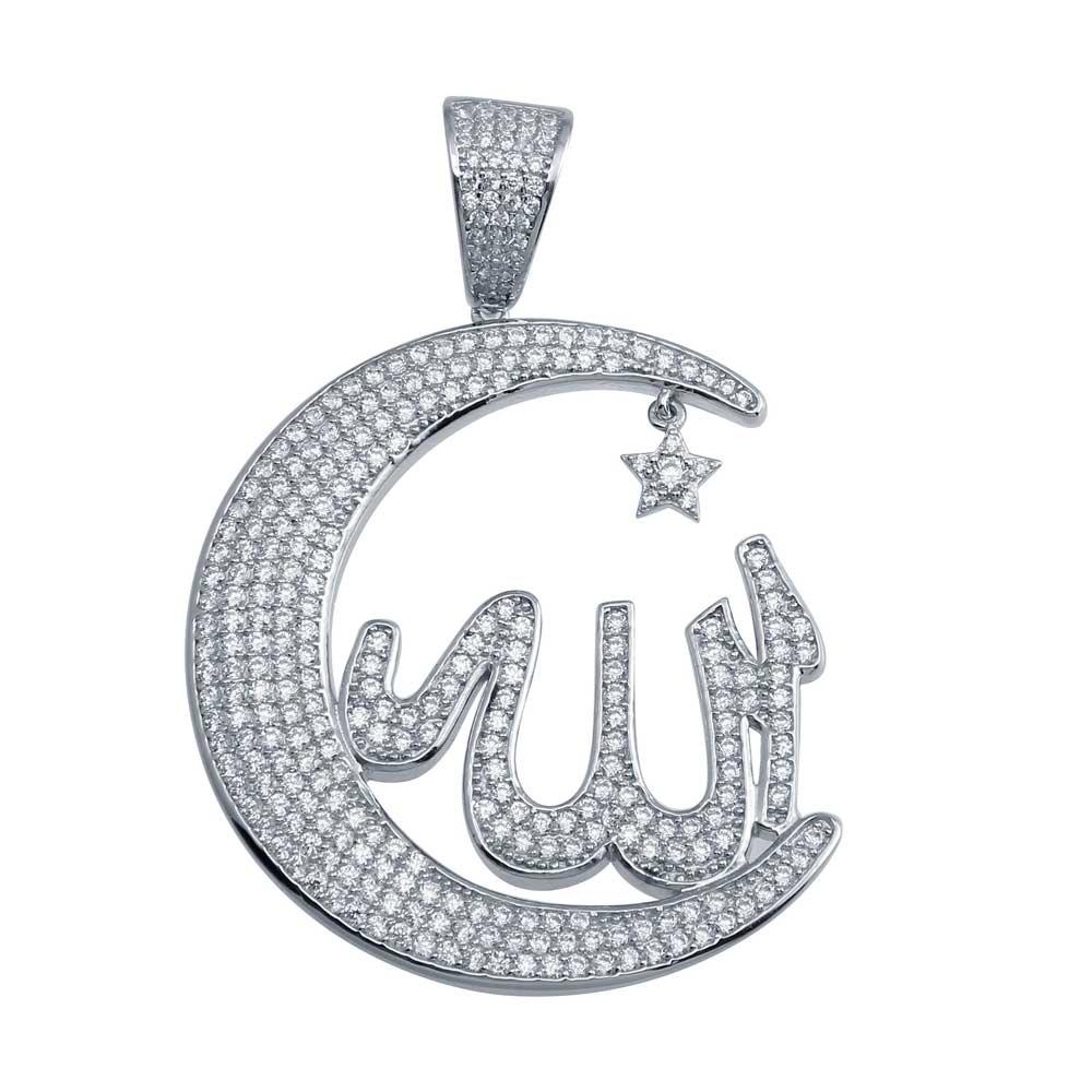 Rhodium Plated 925 Sterling Silver Allah Crescent Hip Hop Iced Out Pendant
