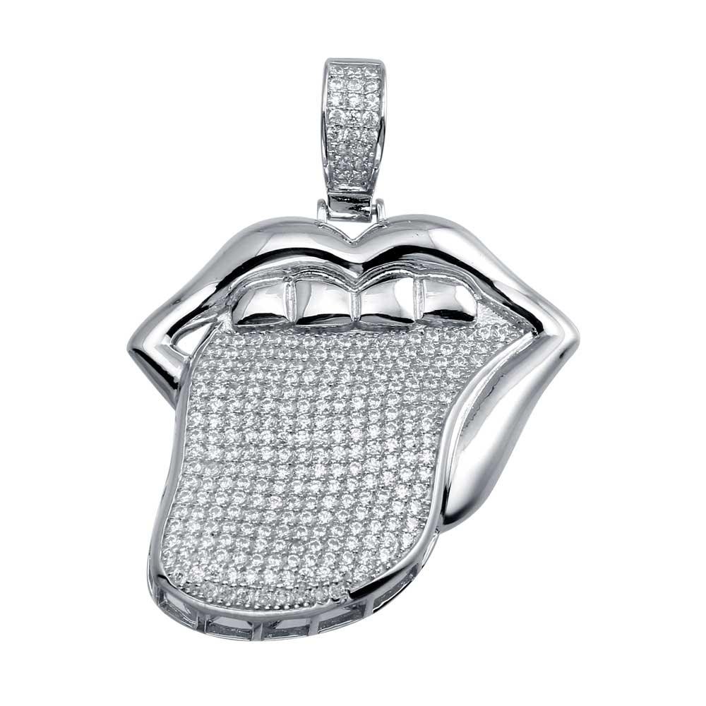 Rhodium Plated 925 Sterling Silver Mouth Teeth Tongue Out Hip Hop CZ Pendant