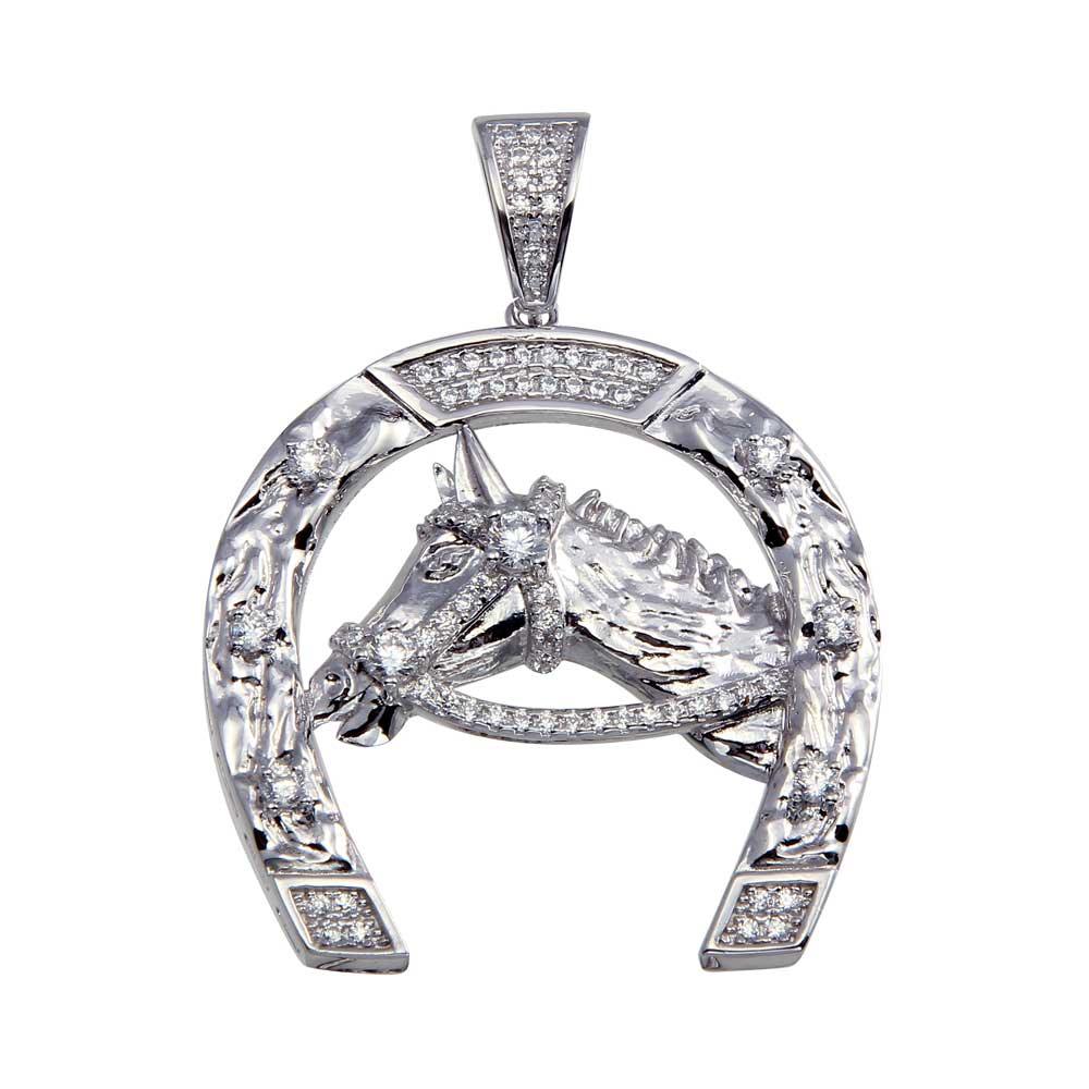 Rhodium Plated 925 Sterling Silver Horse Horseshoe Hip Hop Equestrian CZ Pendant