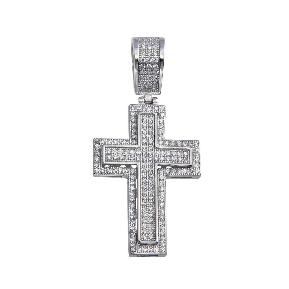 Rhodium Plated 925 Sterling Silver CZ Cross Bordered Hip Hop Christian Pendant
