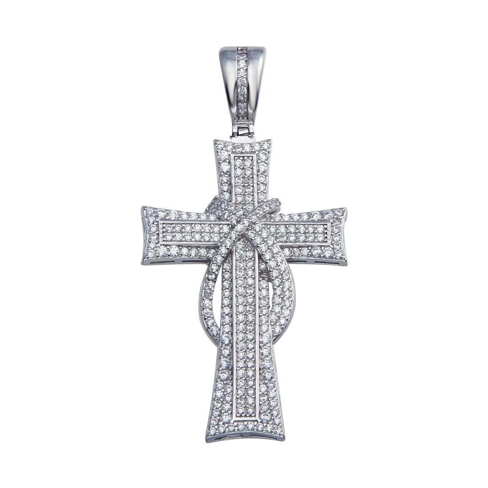 Rhodium Plated 925 Sterling Silver CZ Ribbon Criss Cross Knot Christian Pendant