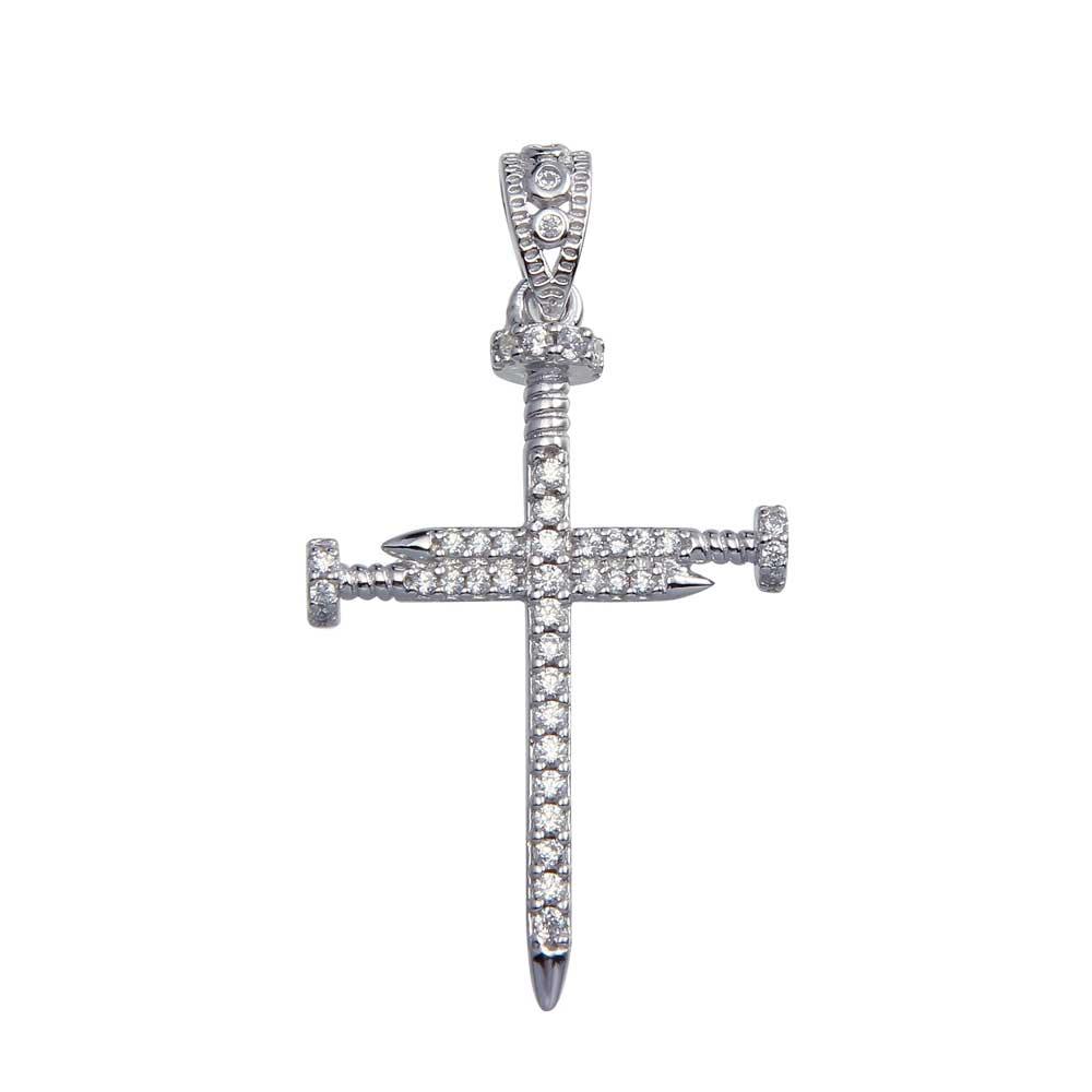 Rhodium Plated 925 Sterling Silver Nail Jesus Cross Christian CZ Pendant
