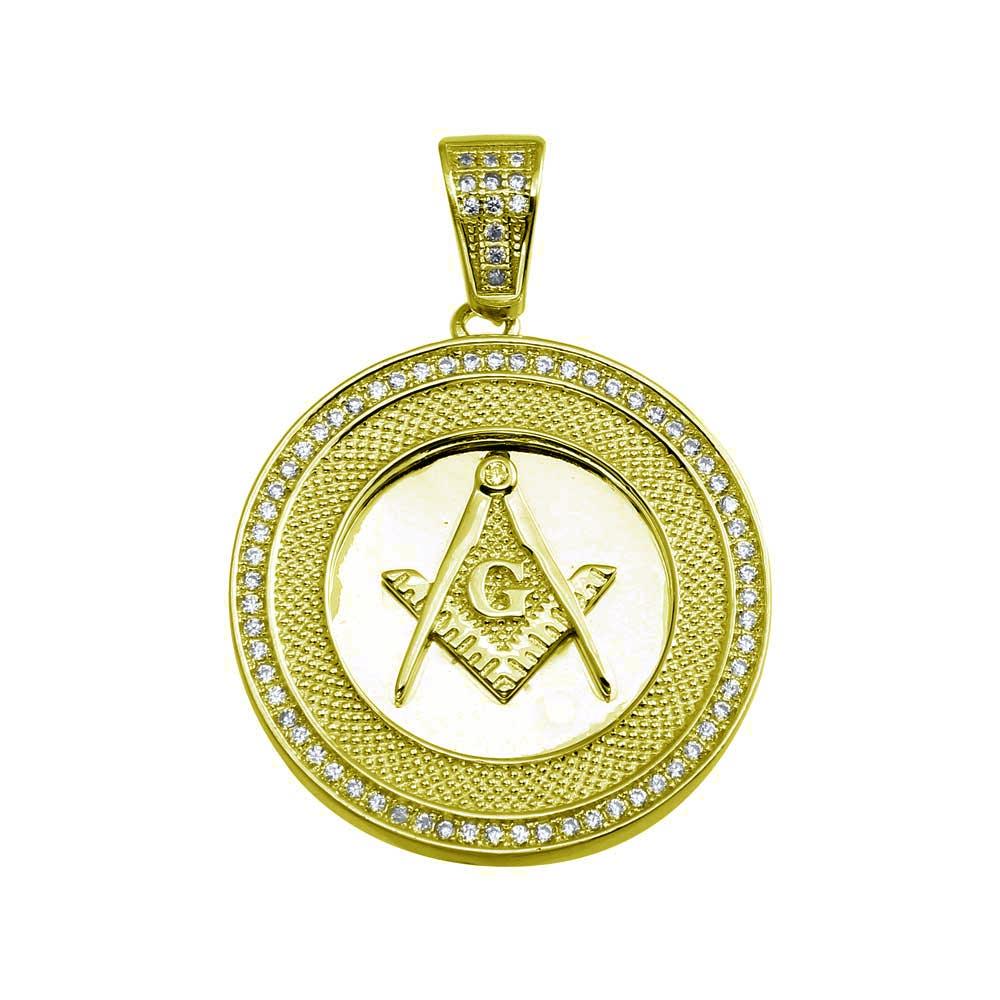 Gold Plated 925 Sterling Silver Masonic Sign Medallion Hip Hop G Halo CZ Pendant