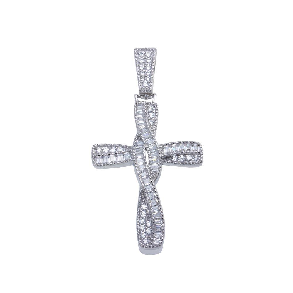Rhodium Plated 925 Sterling Silver Twisted Cross Baguette CZ Hip Hop Pendant