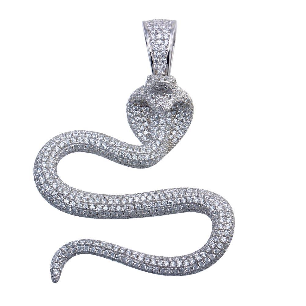 Rhodium Plated 925 Sterling Silver Cobra CZ Hip Hop Animal Snake Head Pendant