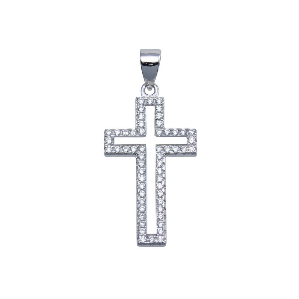 Rhodium Plated 925 Sterling Silver CZ Outline Cross Hip Hop Christian Pendant
