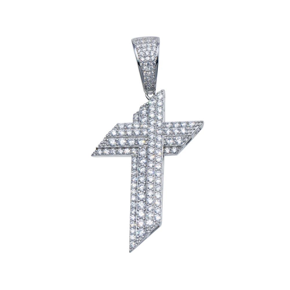 Rhodium Plated 925 Sterling Silver Angled Cross Hip Hop Pendant Christian Charm