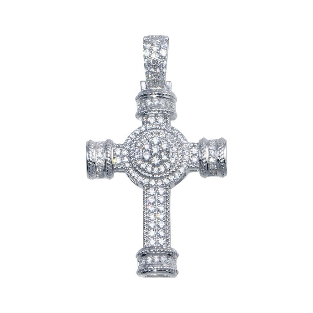 Rhodium Plated 925 Sterling Silver CZ Cross Hip Hop Round Christian Halo Pendant