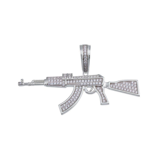 Rhodium Plated 925 Sterling Silver Rifle CZ Hip Hop Iced Out AK Gun Pendant