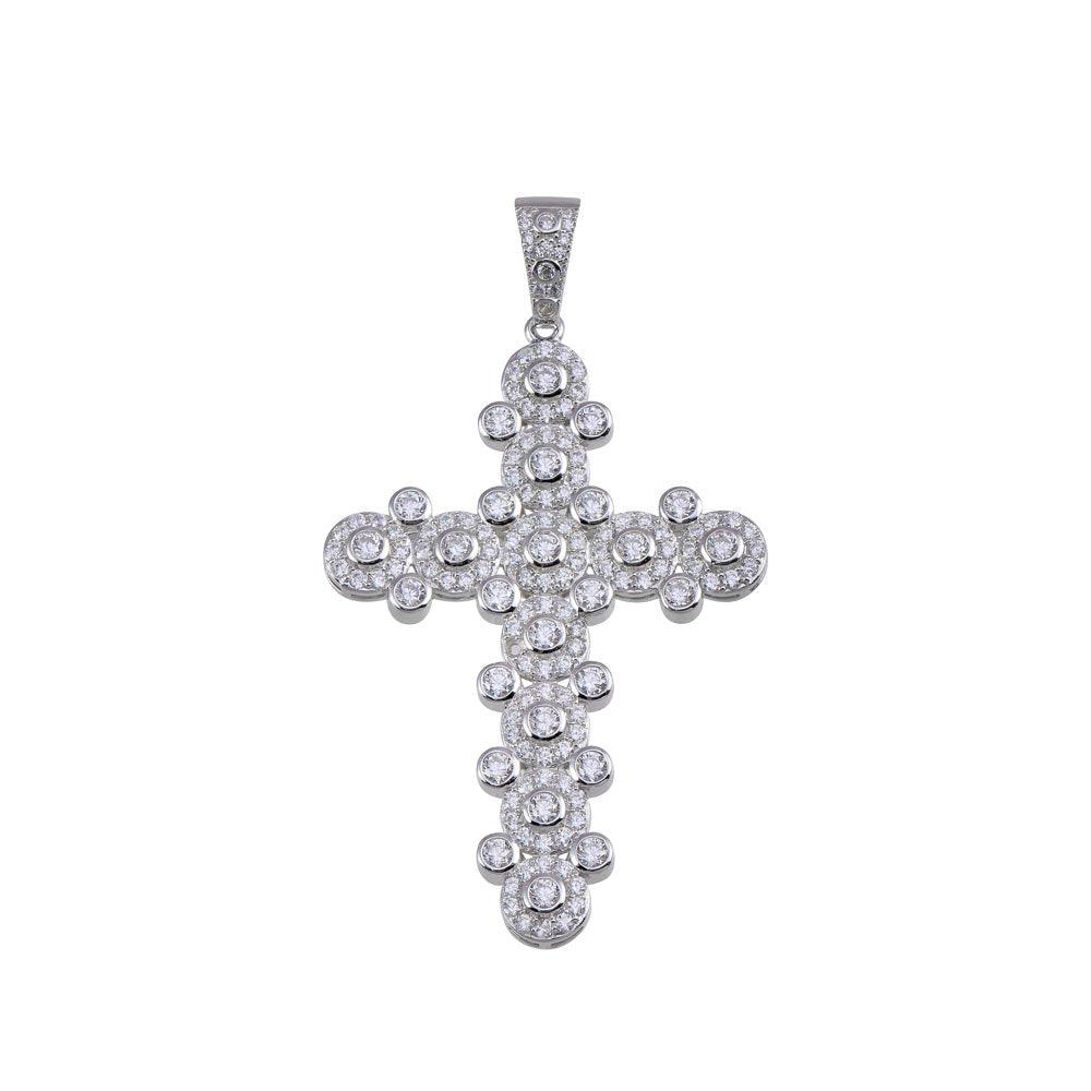 Rhodium Plated 925 Sterling Silver CZ Cross Hip Hop Christian Charm Pendant