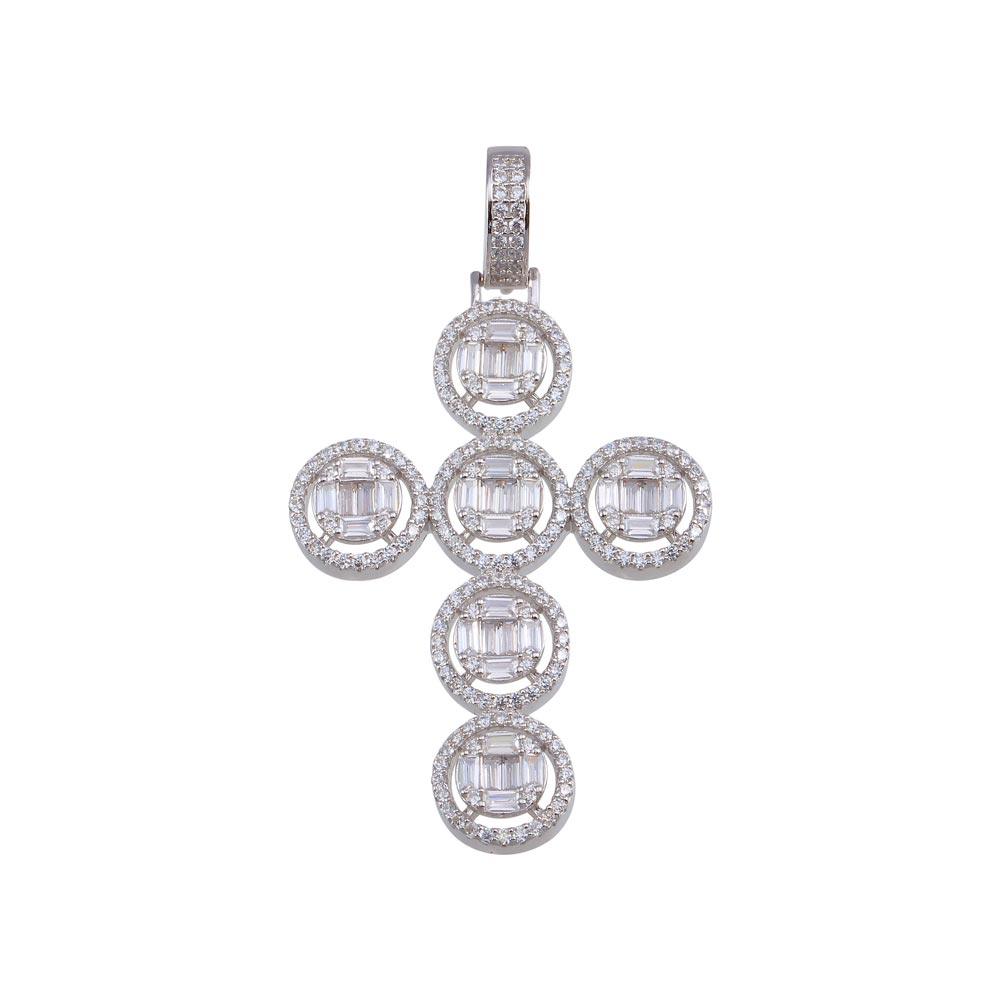Rhodium Plated 925 Sterling Silver CZ Round Cross Hip Hop Christian Pendant